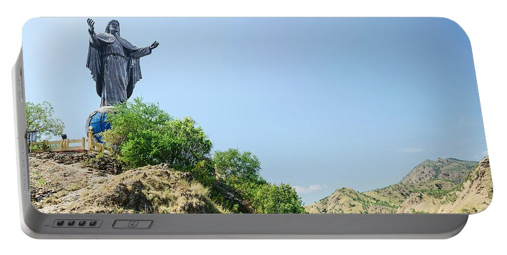 Cristo Portable Battery Charger featuring the photograph Cristo Rei Statue Near Dili East Timor Timor Leste by JM Travel Photography