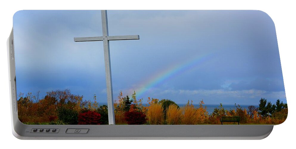 Cross Portable Battery Charger featuring the photograph Cross at the End of the Rainbow by Keith Stokes