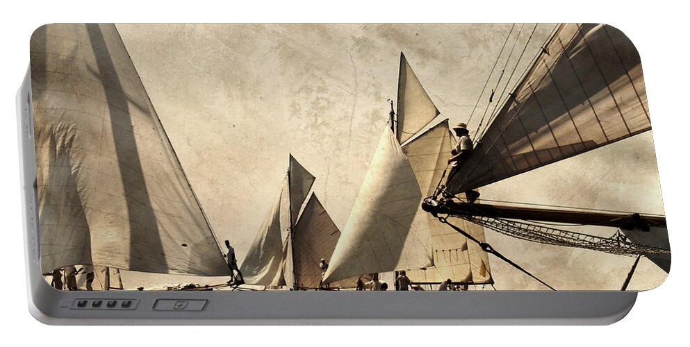 Outdoor Portable Battery Charger featuring the photograph A vintage processed image of a sail race in port Mahon Menorca - Crowded sea by Pedro Cardona Llambias