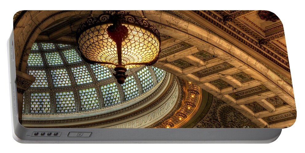 Antique; Hall; Foyer; Formal; Indoors; Inside; Chandelier; Ornate; Dome; Arches; Archway; Interior; Posh; Classy; Expensive; Light; Period; Old Fashioned; Vintage; Elegant; Beautiful; Pretty; Gorgeous; Ceiling; Hang; Hanging; Mosaic; Glass; Chicago; Chicago Cultural Center; Gold; Blue; Teal; Lights Portable Battery Charger featuring the photograph Culture Details by Margie Hurwich