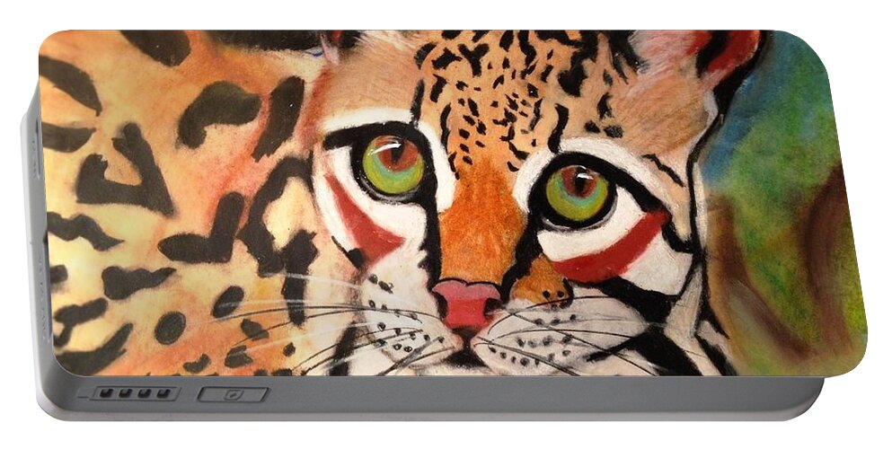 Ocelot Portable Battery Charger featuring the pastel Curious Ocelot by Renee Michelle Wenker