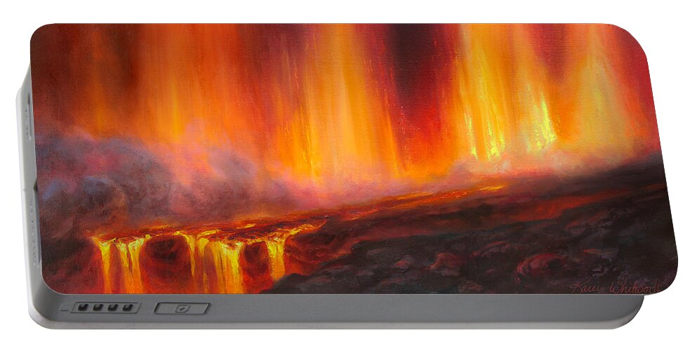 Hot Lava Portable Battery Charger featuring the painting Erupting Kilauea Volcano on the Big Island of Hawaii - Lava Curtain by K Whitworth