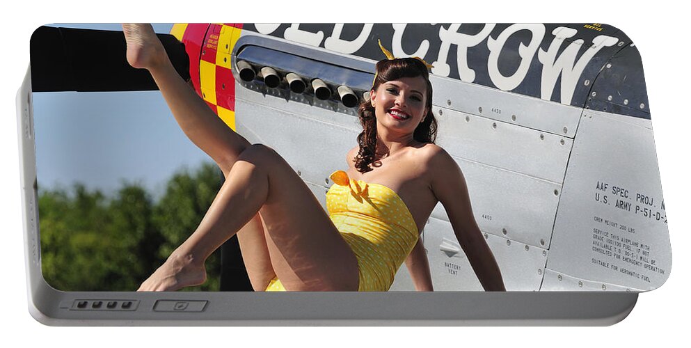 P-51 Mustang Portable Battery Charger featuring the photograph Cute Pin-up Girl Sitting On The Wing by Christian Kieffer
