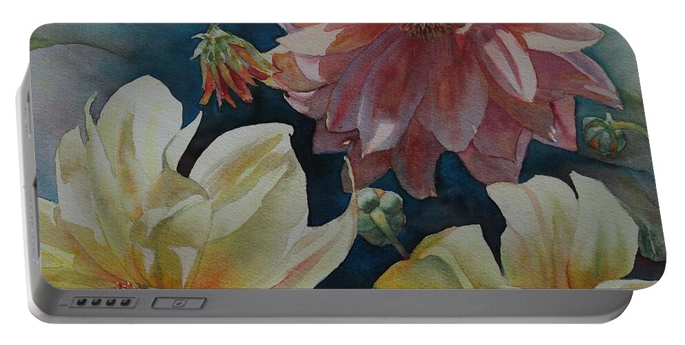 Flowers Portable Battery Charger featuring the painting Cynthia's Dahlias by Ruth Kamenev