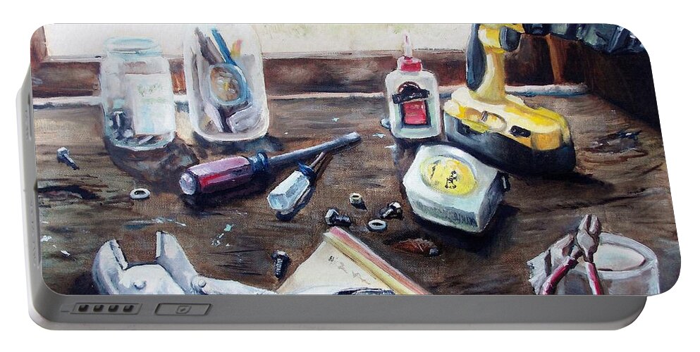 Tool Portable Battery Charger featuring the painting Dad's Bench by Shana Rowe Jackson