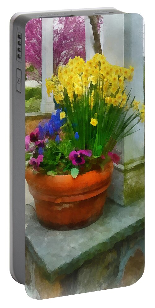 Flower Portable Battery Charger featuring the photograph Daffodils and Pansies in Flowerpot by Susan Savad