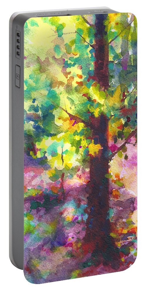 Tree Portable Battery Charger featuring the painting Dappled - light through tree canopy by Talya Johnson