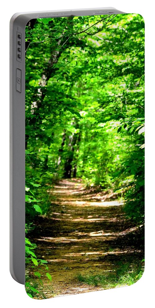 Dappled Sunlit Path In The Forest Portable Battery Charger featuring the photograph Dappled Sunlit Path in the Forest by Maria Urso