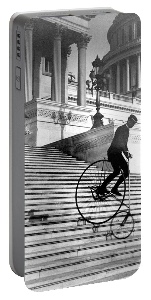 Entertainment Portable Battery Charger featuring the photograph Daredevil Bicycle Rider, 1884 by Science Source