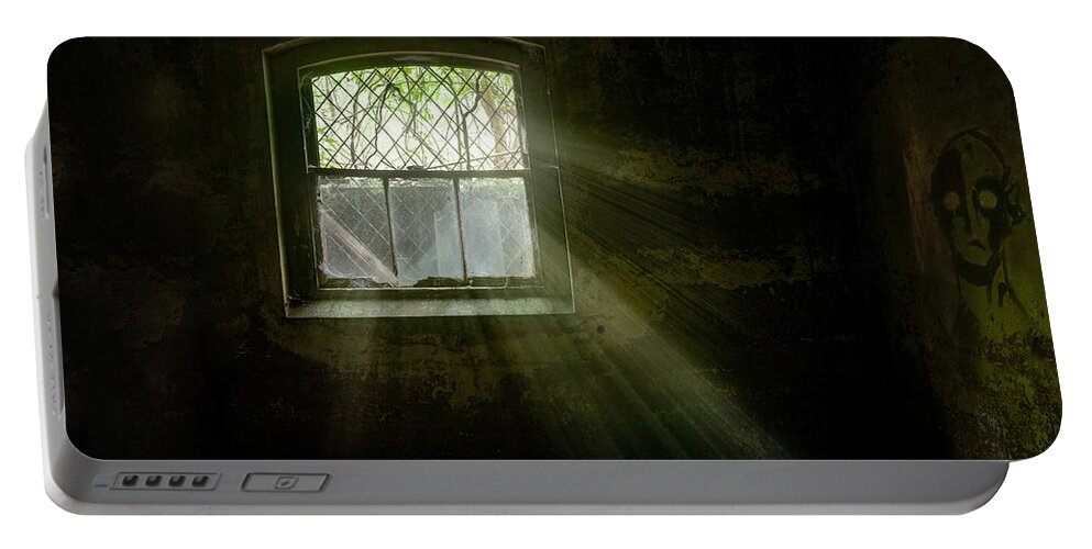 Old Window Portable Battery Charger featuring the photograph Darkness Revealed - Basement room of an abandoned asylum by Gary Heller