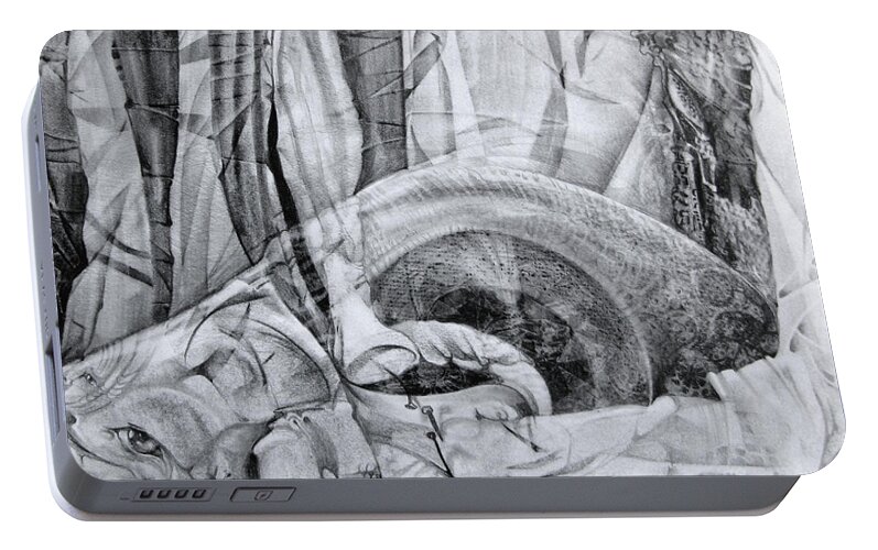 Surrealism Portable Battery Charger featuring the drawing Das Monster hat sich im ungebuegelten Hintergrund versteckt by Otto Rapp