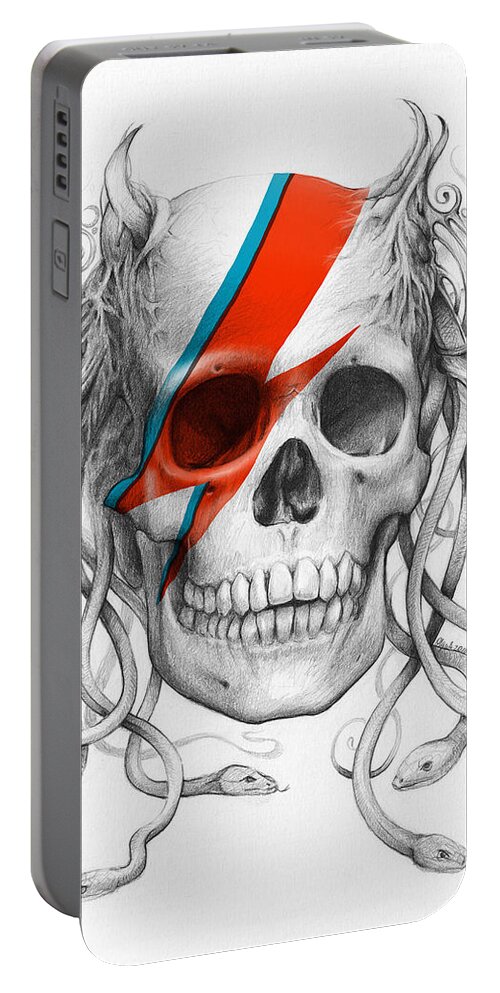 David Bowie Portable Battery Charger featuring the drawing David Bowie Aladdin Sane Medusa Skull by Olga Shvartsur