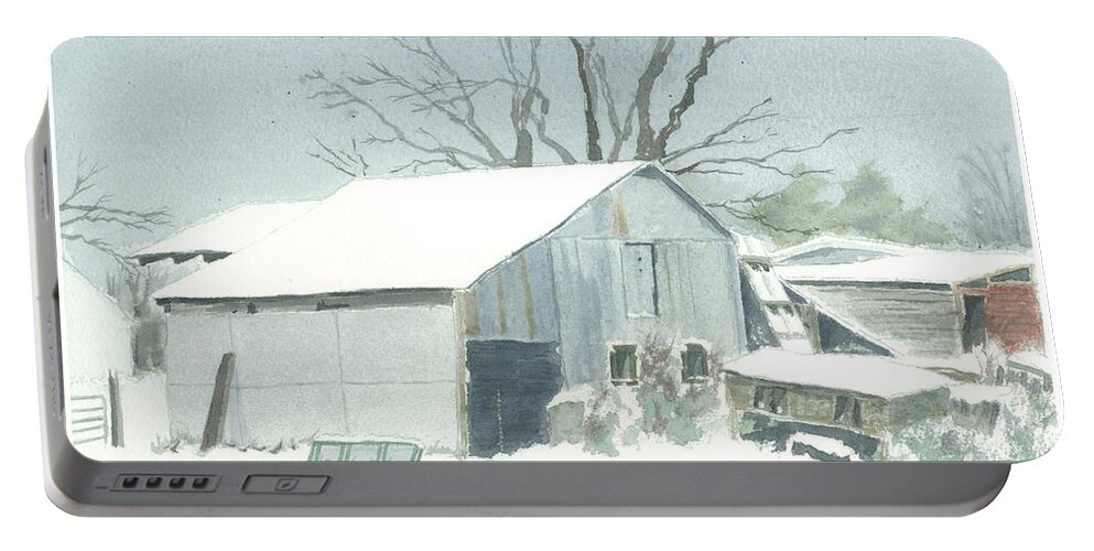 Winter Portable Battery Charger featuring the painting David Hoyles Shed by Joel Deutsch