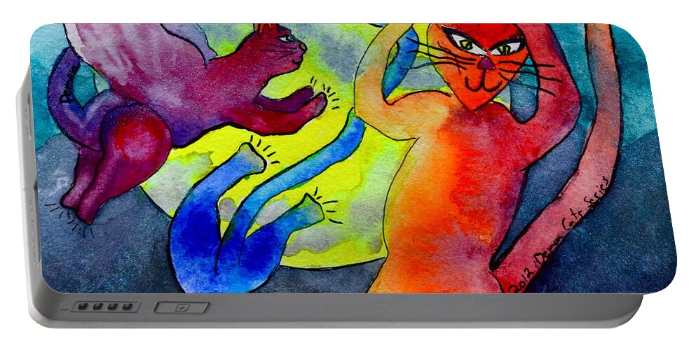 Demon Cats Portable Battery Charger featuring the painting Demon Cats Dance by the Light of the Moon by Beverley Harper Tinsley