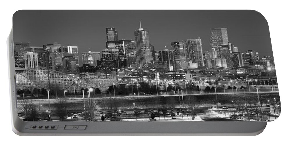 Denver Skyline Portable Battery Charger featuring the photograph Denver Skyline at Dusk Black and White BW Evening Panorama Broncos Colorado by Jon Holiday