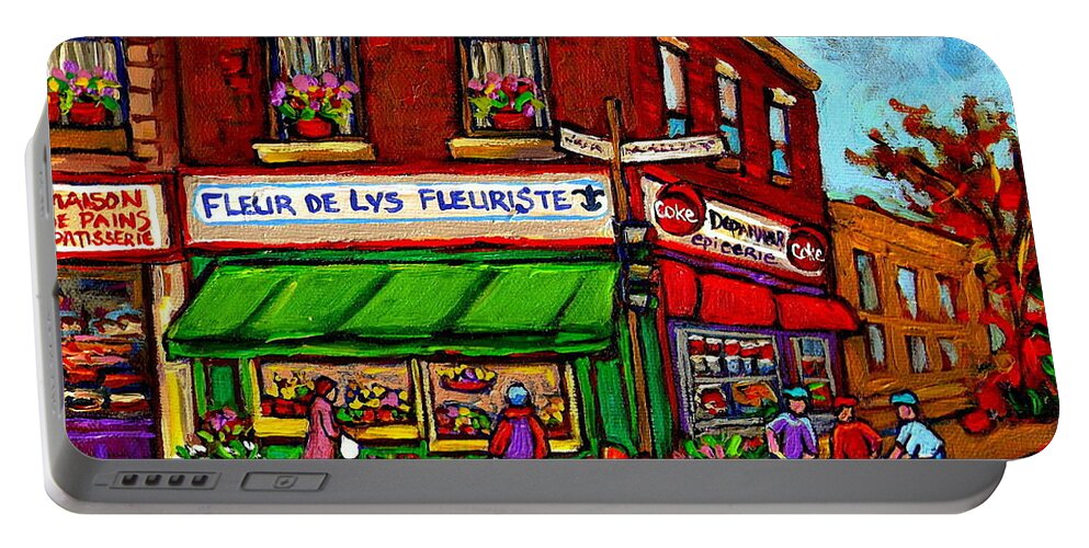 Maison De Pain Portable Battery Charger featuring the painting Depanneur Maison De Pain Patisserie Fleuriste Fruits Montreal Paintings Street Hockey City Scenes by Carole Spandau