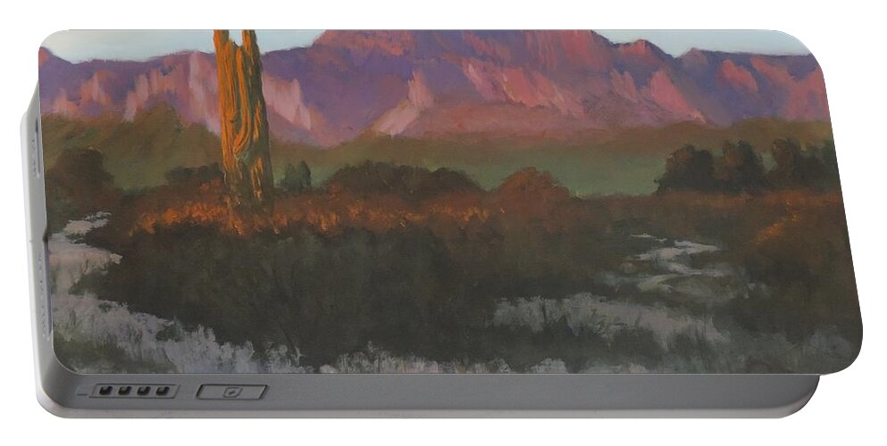 Arizona Portable Battery Charger featuring the painting Desert Sunset Glow by Bill Tomsa