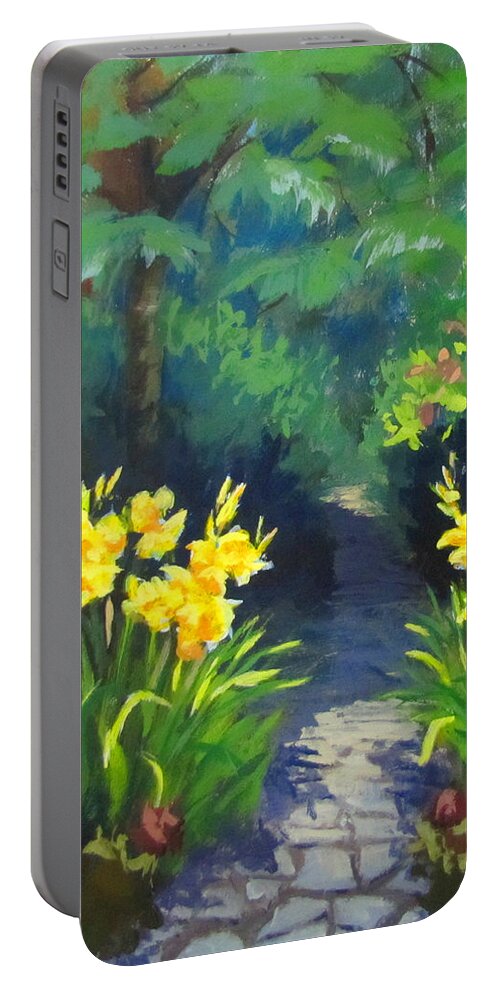 Summer Portable Battery Charger featuring the painting Discovery Garden by Karen Ilari