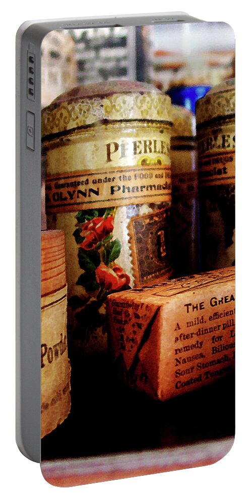 Druggist Portable Battery Charger featuring the photograph Doctor - Liver Pills in General Store by Susan Savad