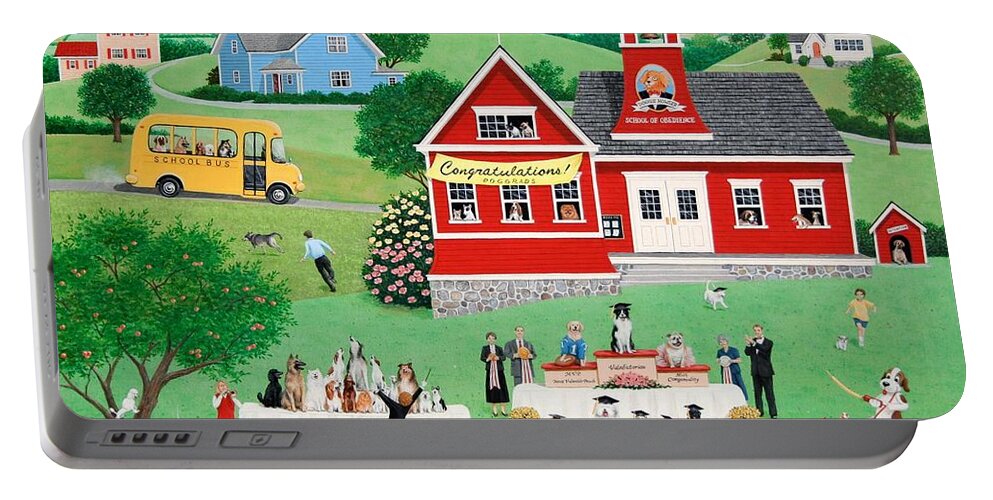 Folk Art Portable Battery Charger featuring the painting Doggie Graduation Day by Wilfrido Limvalencia