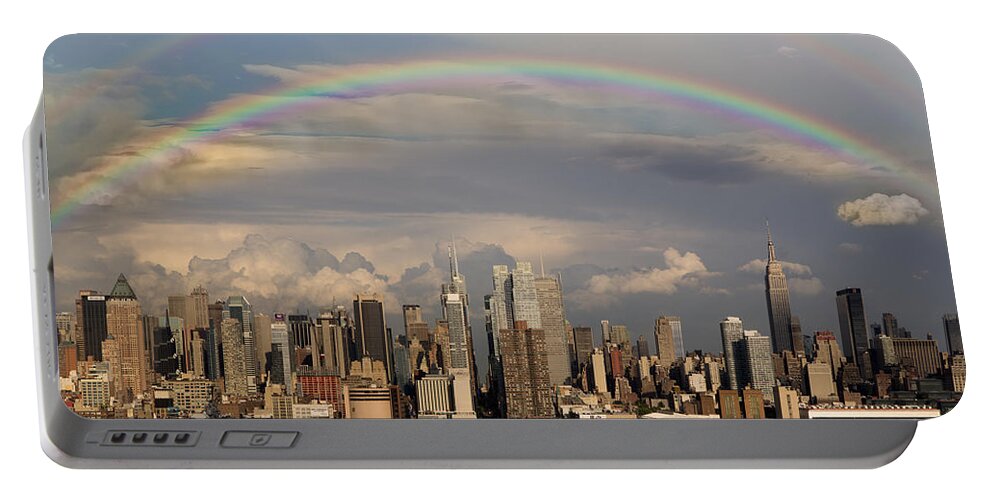 New York City Skyline Portable Battery Charger featuring the photograph Double Rainbow Over NYC by Susan Candelario