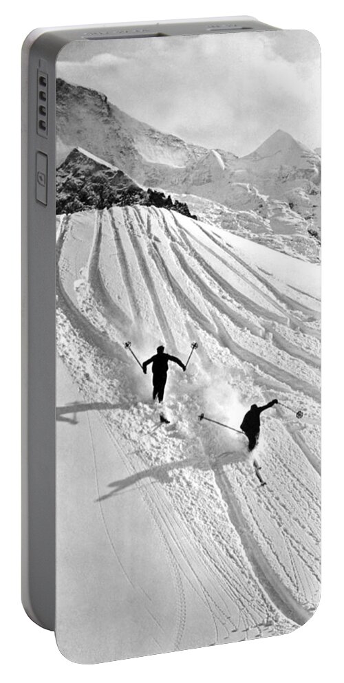 1937 Portable Battery Charger featuring the photograph Downhill Skiing In Powder by Underwood Archives