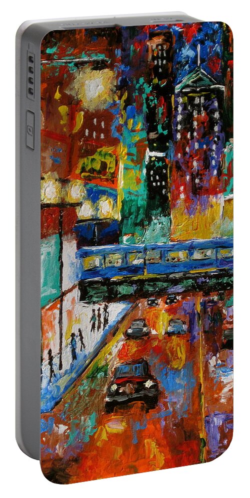 Chicago Art Portable Battery Charger featuring the painting Downtown Friday Night by J Loren Reedy