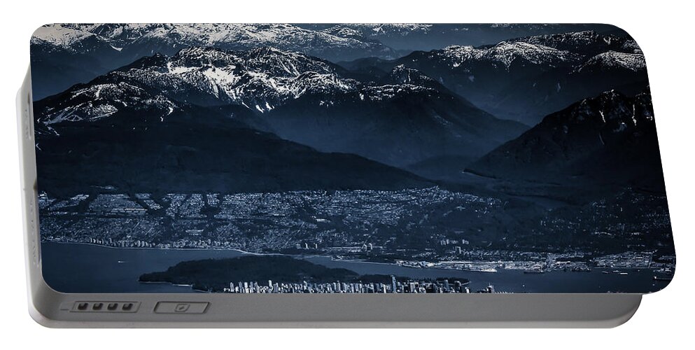 Architecture Portable Battery Charger featuring the photograph Downtown Vancouver and the mountains aerial view low key by Eti Reid