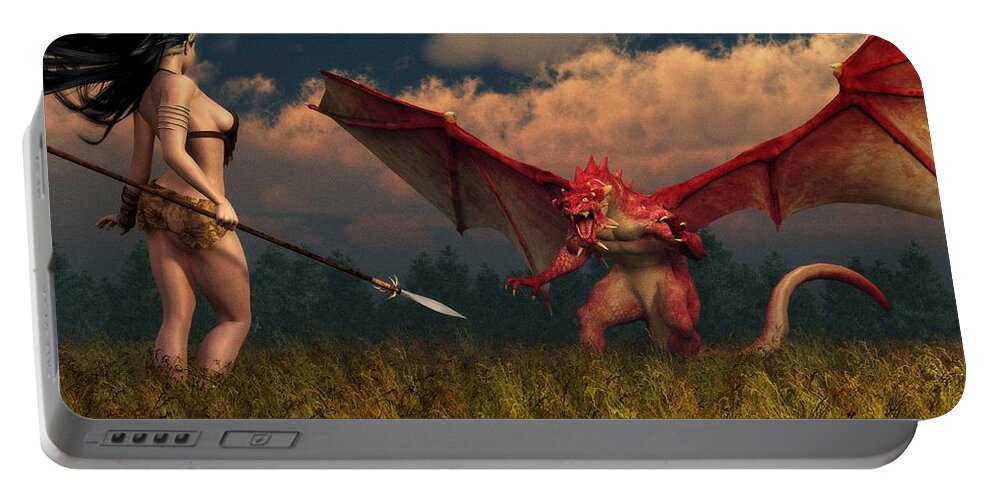  Portable Battery Charger featuring the digital art Dragon vs Cavegirl by Kaylee Mason