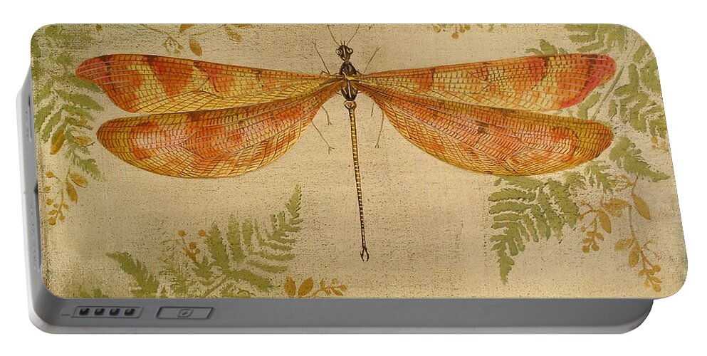 Acrylic Painting Portable Battery Charger featuring the painting Dragonfly Among the Ferns-2 by Jean Plout