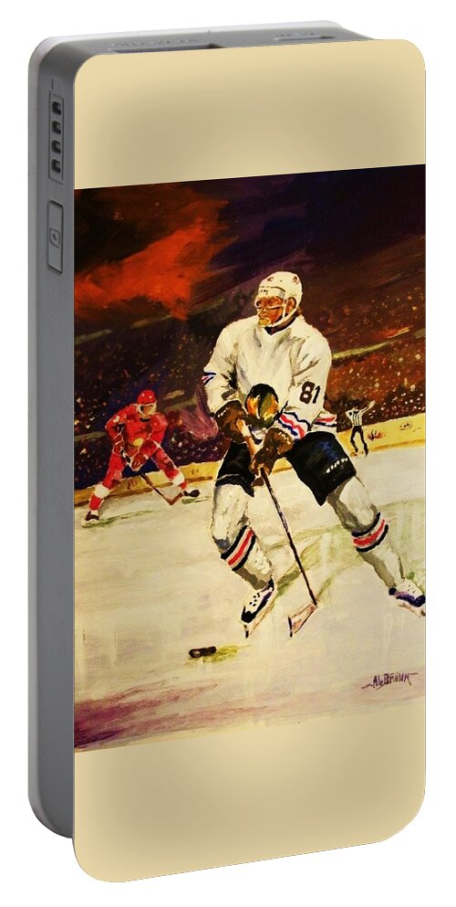 Hockey Portable Battery Charger featuring the painting Drama on Ice by Al Brown
