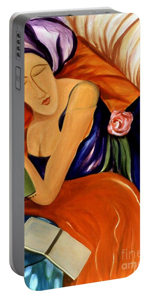 #female #figurative #floral #beauty #dream #fineart #art #images #painting #artist #print Portable Battery Charger featuring the painting Dream by Jacquelinemari