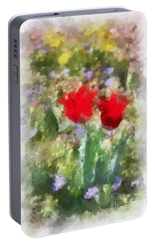 Red Tulips Portable Battery Charger featuring the painting Dressed in Red by Kerri Farley