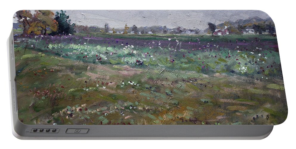 Drizzly Day Portable Battery Charger featuring the painting Drizzly Day by Shaw Barn by Ylli Haruni