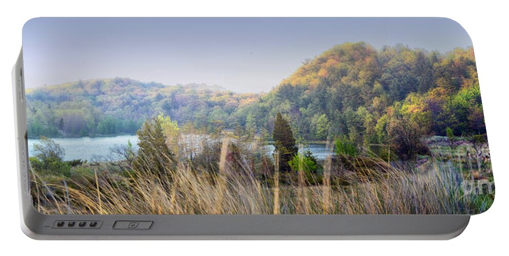 Oval Beach Portable Battery Charger featuring the digital art Dune Lake Panorama Saugatuck MI by Georgianne Giese