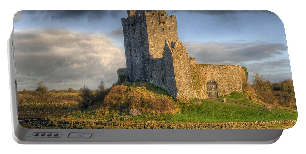 Ancient Portable Battery Charger featuring the photograph Dunguaire Castle with Dramatic Sky Kinvara Galway Ireland by Juli Scalzi