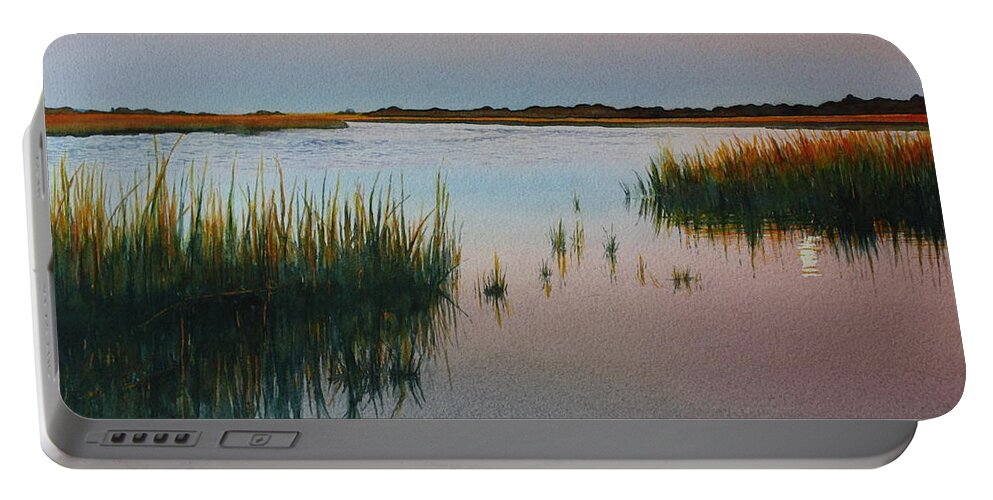 Muted Dusty Rose And Blues In A Carolina Water Scene.the Full Moon Can Be Seen Rising In The Distance Portable Battery Charger featuring the painting Dusk by Brenda Beck Fisher