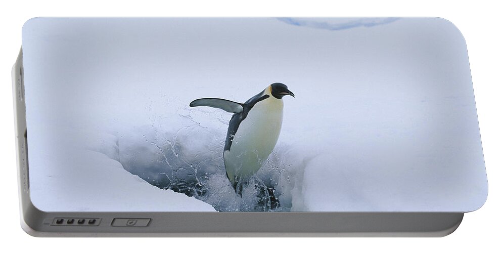 Feb0514 Portable Battery Charger featuring the photograph Emperor Penguin Leaping Through Ice by Pete Oxford