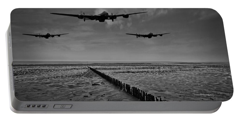 Dambusters Portable Battery Charger featuring the photograph Enemy coast ahead skipper black and white version by Gary Eason