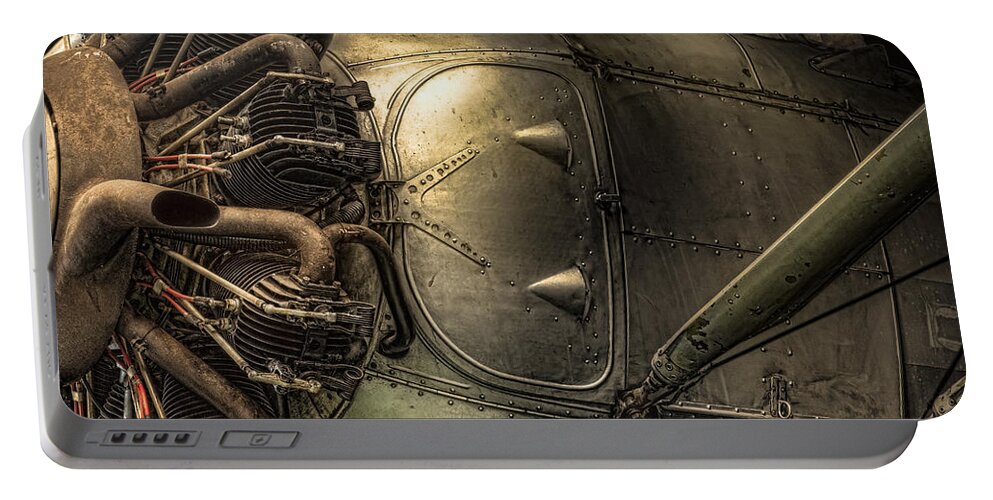 Aircraft Portable Battery Charger featuring the photograph Radial Engine and fuselage detail - Radial engine aluminum fuselage vintage aircraft by Gary Heller