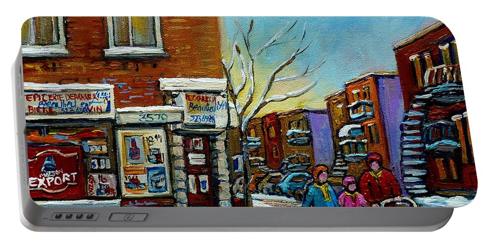 Montreal Portable Battery Charger featuring the painting Epicerie Depanneur Beaulieu Montreal by Carole Spandau