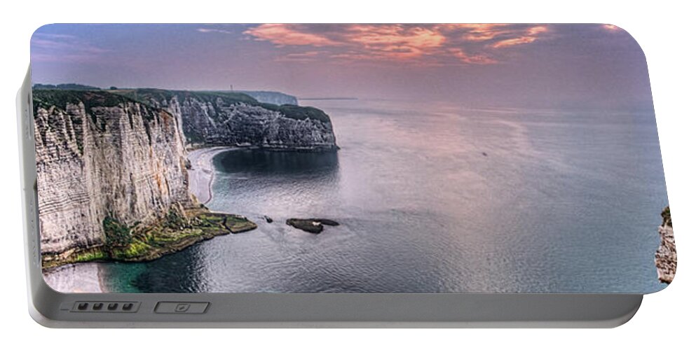 Cliff Portable Battery Charger featuring the photograph Etretat Cliffs sunset panorama by Weston Westmoreland