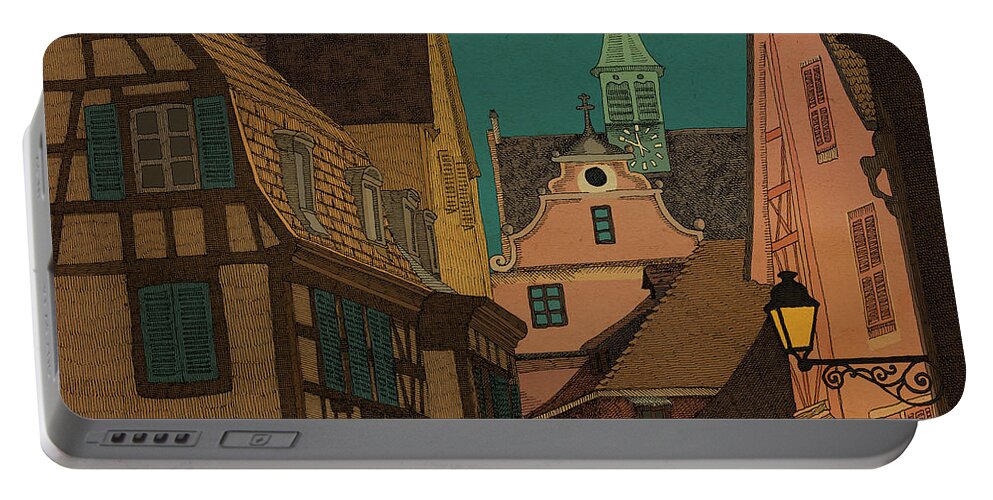 Alsace Village Town Architecture Portable Battery Charger featuring the drawing Evening by Meg Shearer