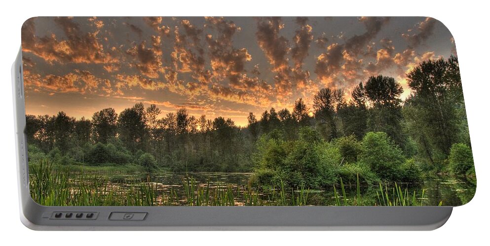 Pondsunsetlandscapescenic Portable Battery Charger featuring the photograph Evening Pond by Jeff Cook