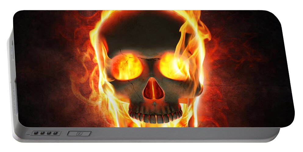 Skull Portable Battery Charger featuring the photograph Evil skull in flames and smoke by Johan Swanepoel