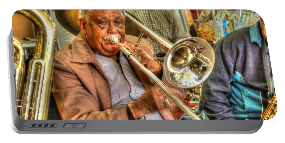 Mobile Portable Battery Charger featuring the digital art Excelsior Band Horn Player by Michael Thomas