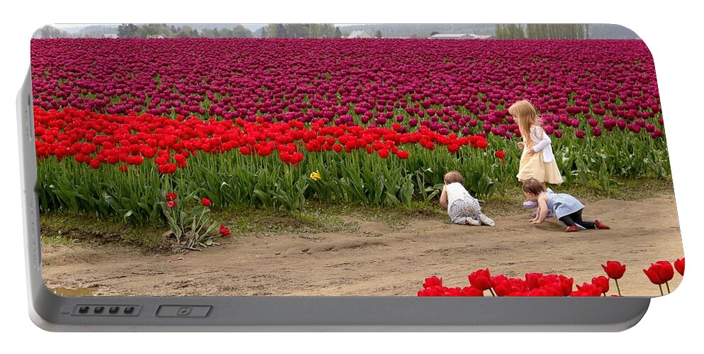 Tulips Portable Battery Charger featuring the photograph Exploring the Tulip Fields by Jennifer Wheatley Wolf