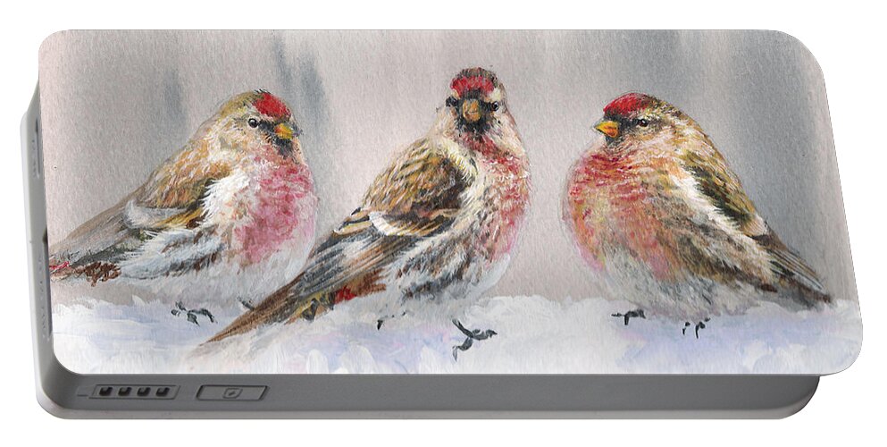 Bird Art Portable Battery Charger featuring the painting Snowy Birds - Eyeing The Feeder 2 Alaskan Redpolls In Winter Scene by K Whitworth