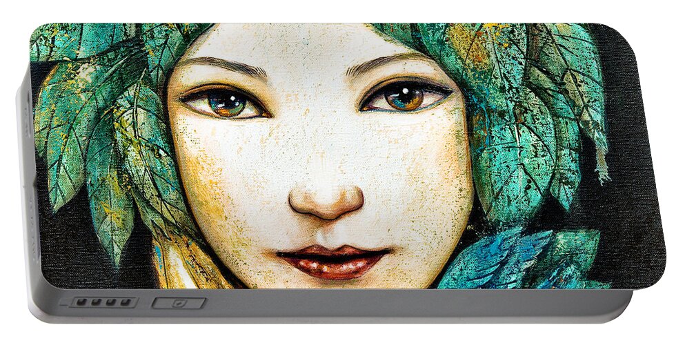 Shijun Portable Battery Charger featuring the painting Eyes of the Forest by Shijun Munns