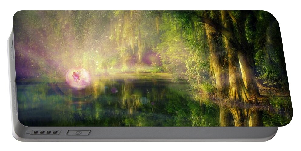Fairy Portable Battery Charger featuring the digital art Fairy in Pink bubble in Serenity Forest by Lilia D